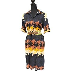 Shelby & Palmer Multicolor Houndstooth Belted Shirt Dress Size 12 Casual